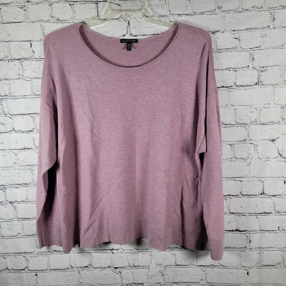 Eileen Fisher Knit Top Womens XL Purple Excellent Tencel Ribbed Scoop Neck